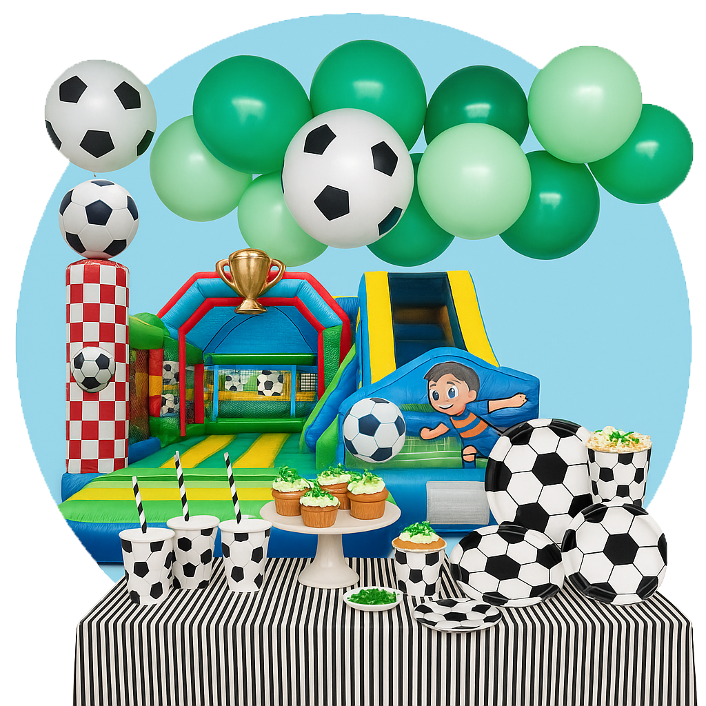 Fußball-Hüpfburg mit Fußball-Partydeko auf Esstisch und grünen Ballons mit vielen Fußballmotiven