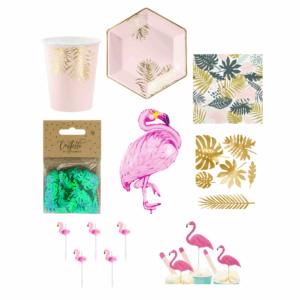 Flamingo Classic Dekoset für Kindergeburtstag mit Papptellern, Bechern, Servietten, Konfetti, Wanddeko, Cocktailpicker, Ballons und Caketoppern
