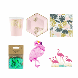 Flamingo Basic Dekoset für Kindergeburtstag mit Papptellern, Bechern, Servietten, Konfetti, Ballons und Caketoppern