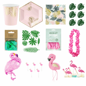 Flamingo Premium Dekoset für Kindergeburtstag mit Papptellern, Bechern, Servietten, Konfetti, Wanddeko, Cocktailpicker, Ballons, Blumenkette, Piñata und Caketoppern