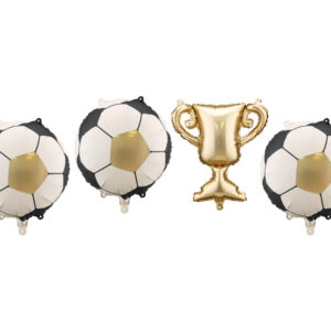 Vier Luftballons, drei im Schwarz-, Creme- und Goldfarbenem Fußballmuster, und einer geformt wie ein Pokal und metallic-goldfarbend