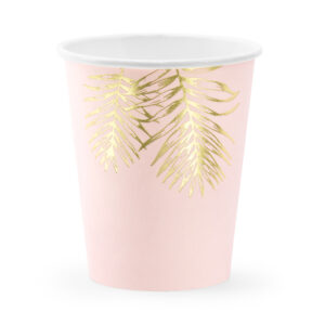 Trinkbecher im hellen Rosa mit goldenen Tropenblättern als Aufdruck