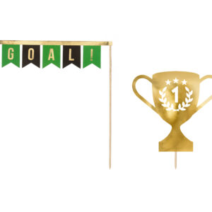Caketopper zum Thema Fußball, als GOAL!-Girlande und goldener 1. Platz-Pokal.
